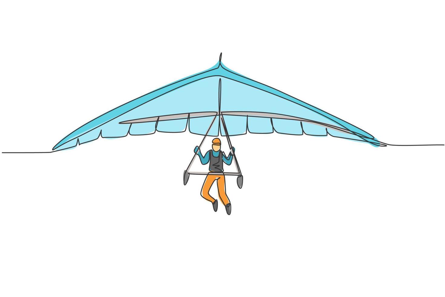 enkele ononderbroken lijntekening van jonge toeristische man vliegen met deltavliegen parachute aan de hemel. extreme vakantie vakantie sport concept. trendy één lijn tekenen ontwerp grafische vectorillustratie vector