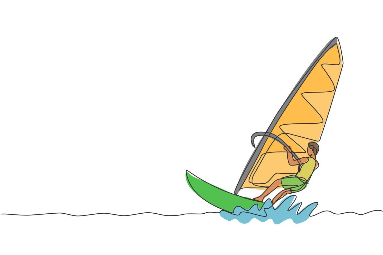 een enkele lijntekening sportieve jongeman spelen windsurfen in de zee strand grafische vectorillustratie. gezonde levensstijl en extreme sport concept. zomervakantie. modern ononderbroken lijntekeningontwerp vector