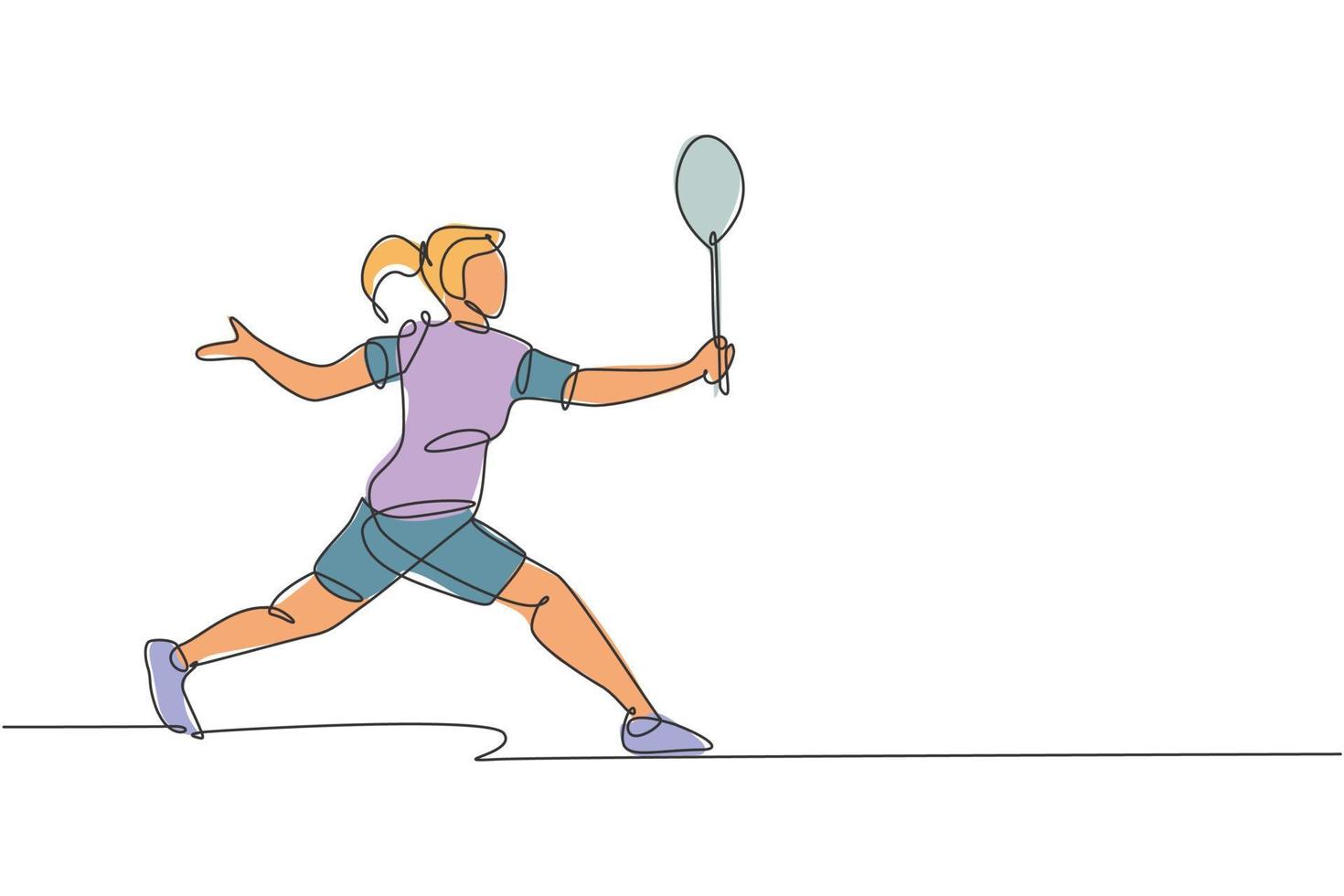 één enkele lijntekening van de jonge energieke verdediging van de badmintonspeler om de vectorillustratie van de tegenstander te raken. gezond sportconcept. modern ononderbroken lijntekeningontwerp voor poster voor badmintontoernooien vector