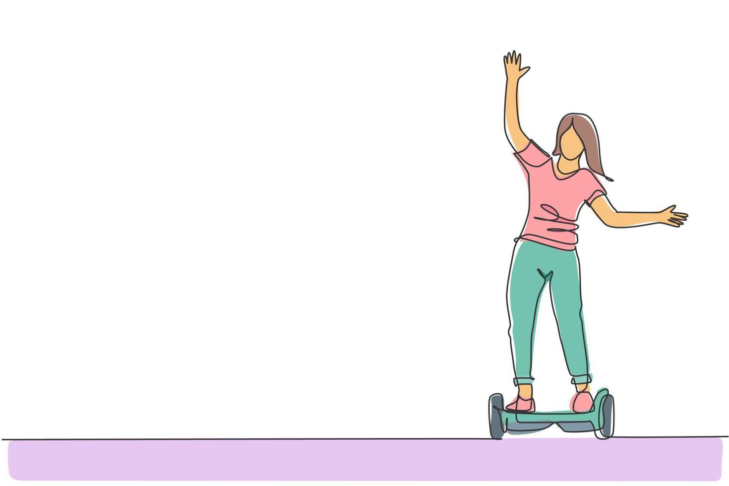 een enkele lijntekening van jonge energieke man rijden hoverboard bij stadspark vectorillustratie. toekomstig gyro-scootertransport. gezond stedelijk levensstijlconcept. modern ononderbroken lijntekeningontwerp vector