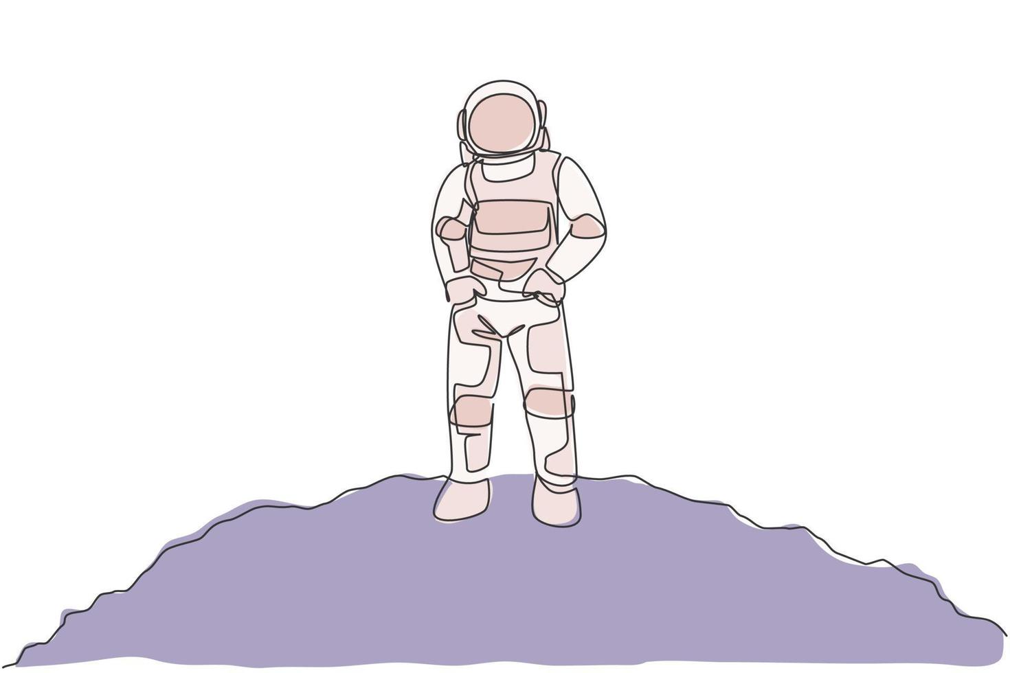 een doorlopende lijntekening van een jonge ruimtevaarder op een ruimtepak stak de handen in de zakken in het maanoppervlak. astronaut zakelijk kantoor met deep space-concept. dynamische enkele lijn tekenen ontwerp vectorillustratie vector