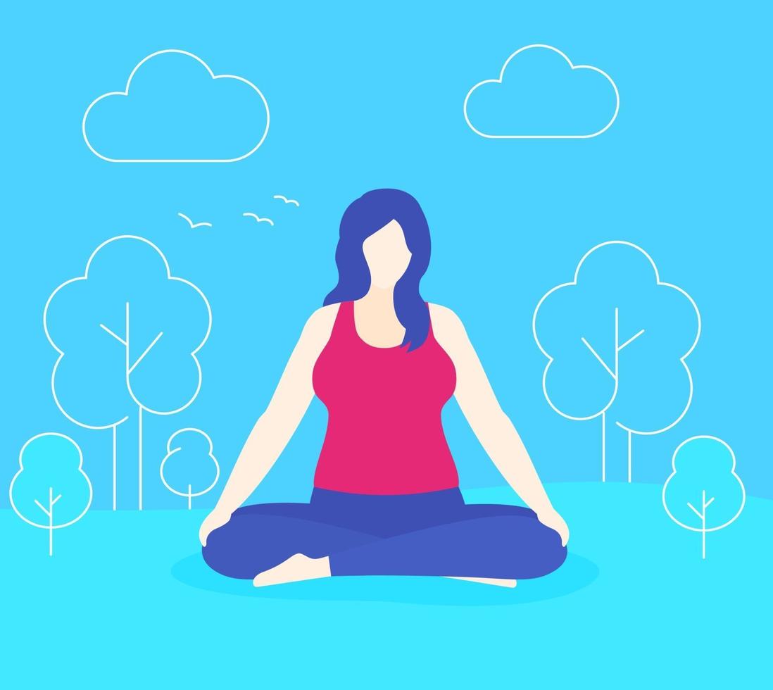 yoga, plus grootte vrouw mediteert in park, vector.eps vector