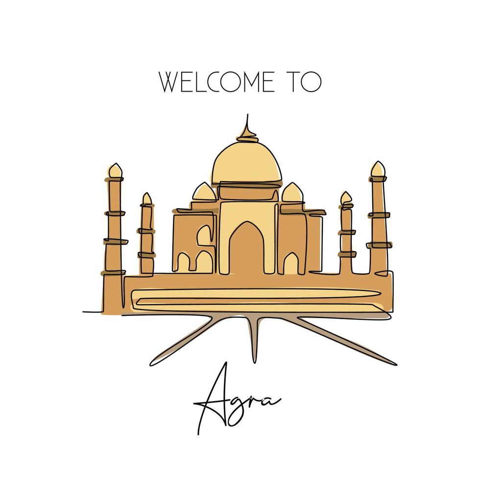 enkele één lijntekening Taj Mahal-moskee. schoonheid historische iconische plek in agra, india muur decor poster kunst. toerisme reizen briefkaart concept. moderne doorlopende lijn tekenen ontwerp vectorillustratie vector