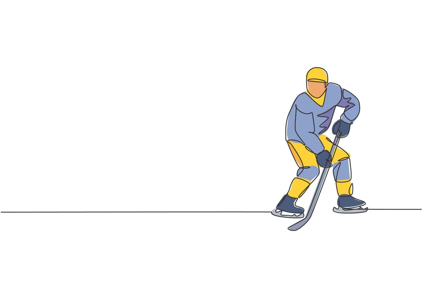 enkele doorlopende lijntekening van een jonge professionele ijshockeyspeler die de puck raakt en aanvalt op de ijsbaanarena. extreem wintersportconcept. trendy één lijn tekenen ontwerp vector illustratie afbeelding