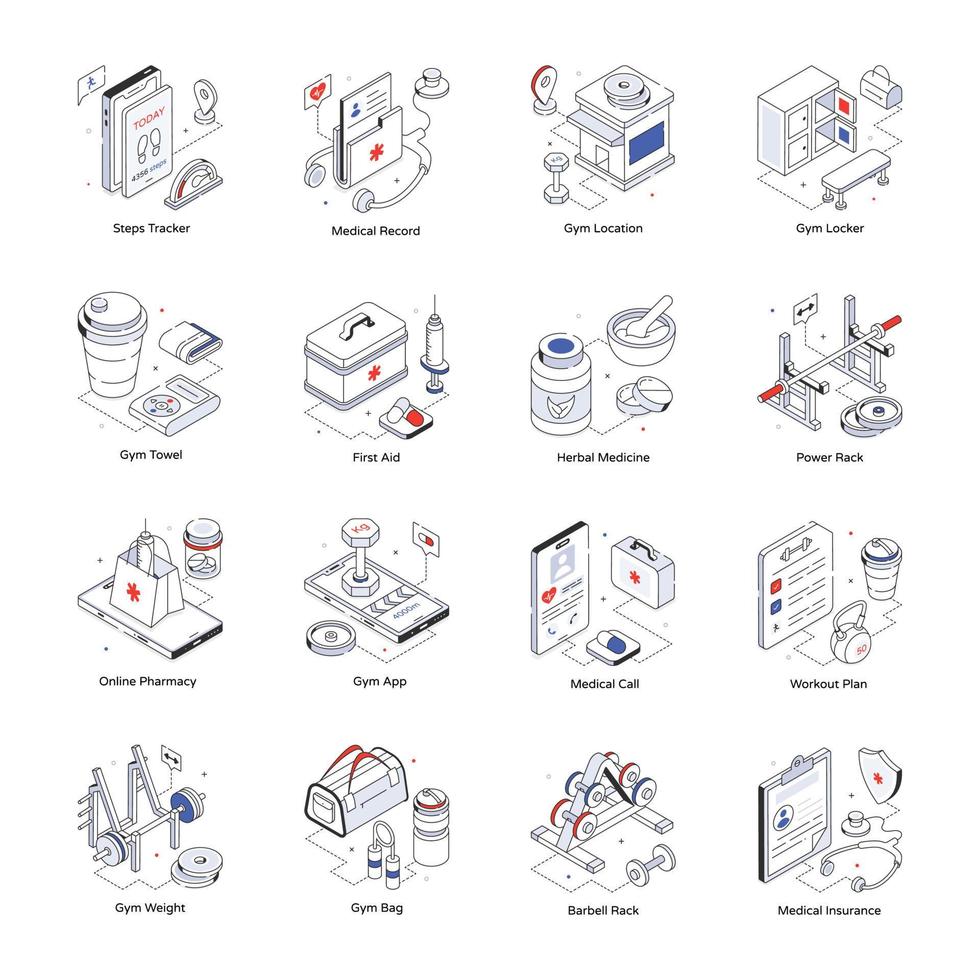 geschiktheid en Gezondheid isometrische lijn pictogrammen vector