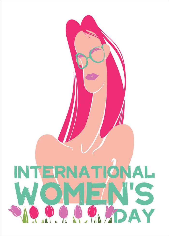 portret van een jong meisje met roze haar- vervelend bril. feestelijk opschrift voor Internationale vrouwen dag. gelijkheid en zusterschap. vector gemakkelijk illustratie.