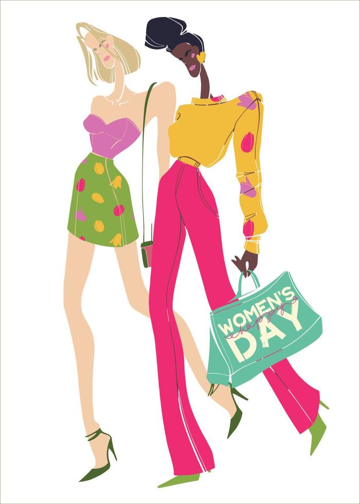 twee jong elegant Dames van verschillend rassen. felicitatie- opschrift Aan de tas. feestelijk opschrift voor Internationale vrouwen dag. gelijkheid en zusterschap. vector gemakkelijk illustratie.