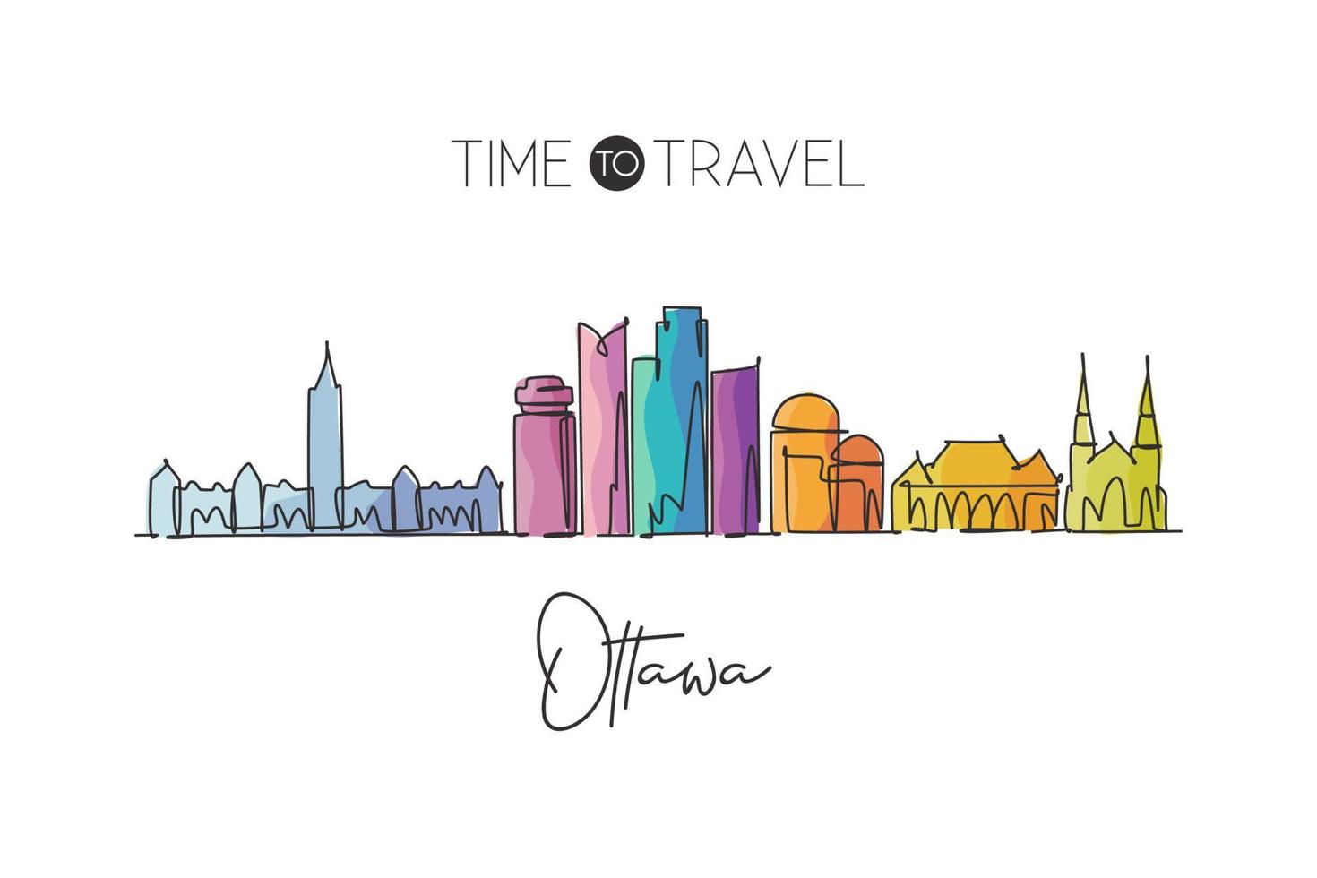 een enkele lijntekening ottawa city skyline canada. wereld historische stad landschap home decor muur poster print. beste plaats vakantiebestemming. trendy doorlopende lijn tekenen ontwerp vectorillustratie vector