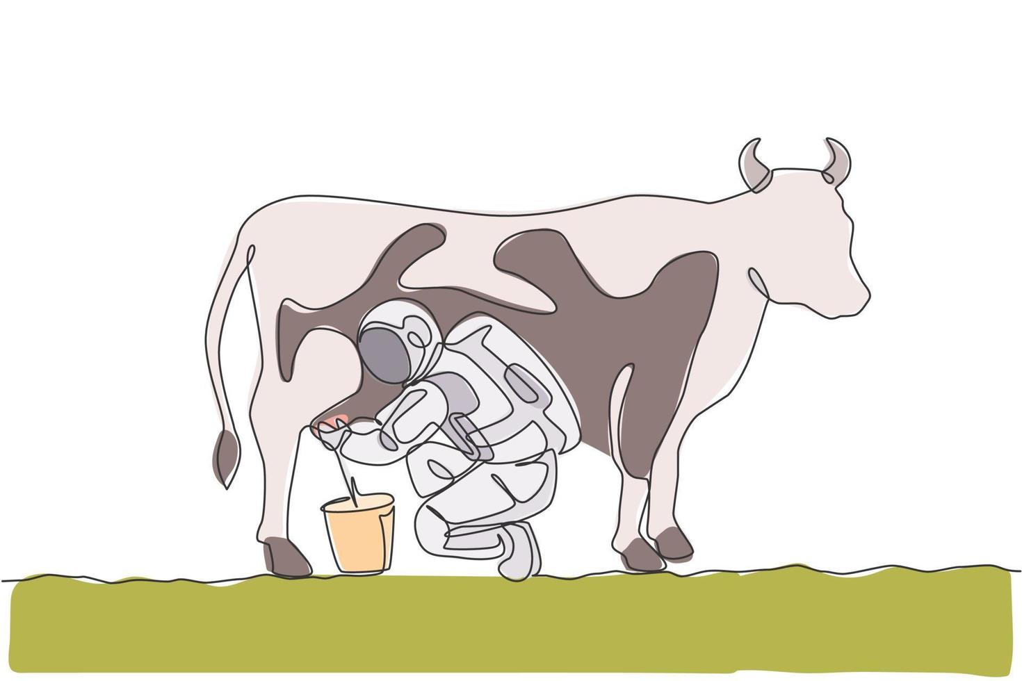 een enkele lijntekening van astronaut gehurkt naar beneden melkende koe en in melk kan emmer in maanoppervlak grafische vectorillustratie. ruimtelandbouwconcept. modern ononderbroken lijntekeningontwerp vector