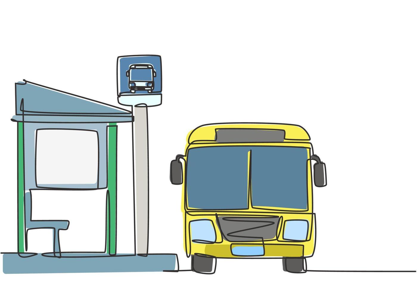 enkele lijntekening van bushalte met onderdak, eenvoudig busbord en een bus die wacht op passagiers om in en uit te stappen, en vervolg dan de reis. doorlopende lijn tekenen ontwerp grafische vectorillustratie vector