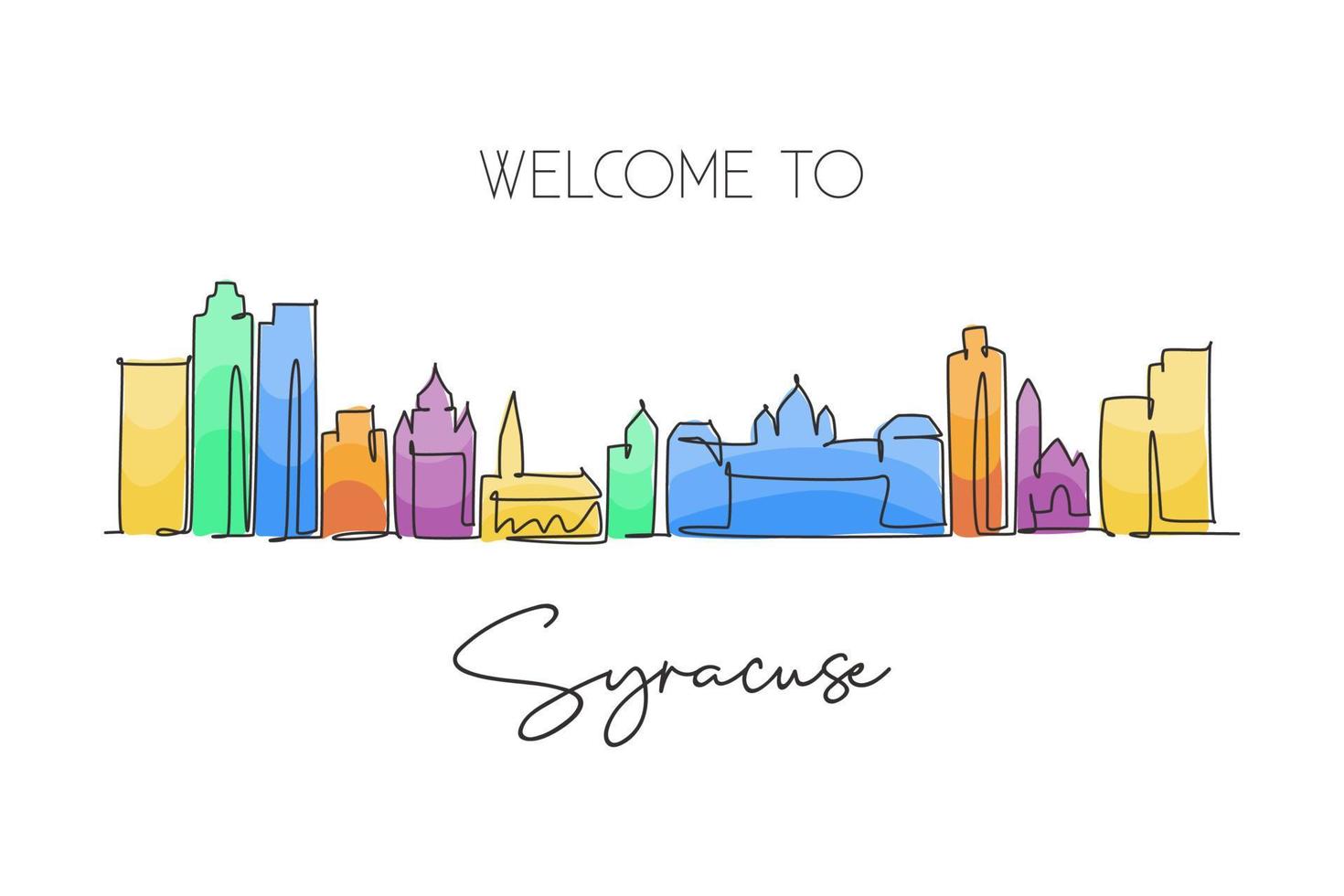 enkele doorlopende lijntekening syracuse skyline, new york staat. beroemde stad schraper landschap. wereld reizen huis muur decor art poster print concept. moderne één lijn tekenen ontwerp vectorillustratie vector