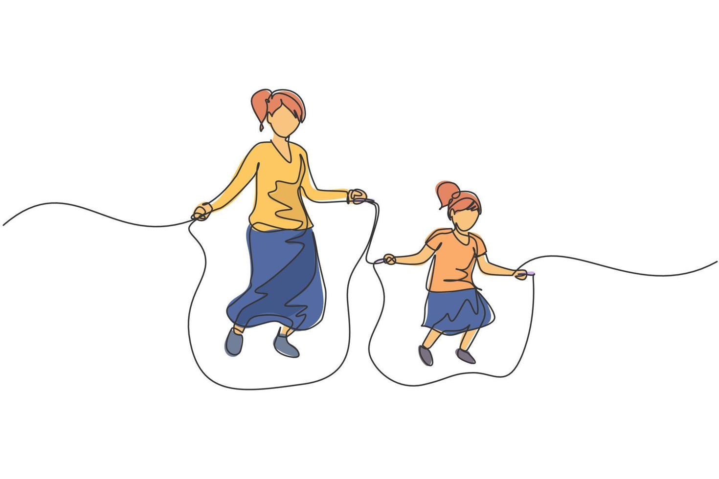 een doorlopende lijntekening van jonge moeder en haar dochter oefenen springen met springtouw in het park in de buurt van huis. gelukkig familie ouderschap concept. dynamische enkele lijn tekenen ontwerp vectorillustratie vector