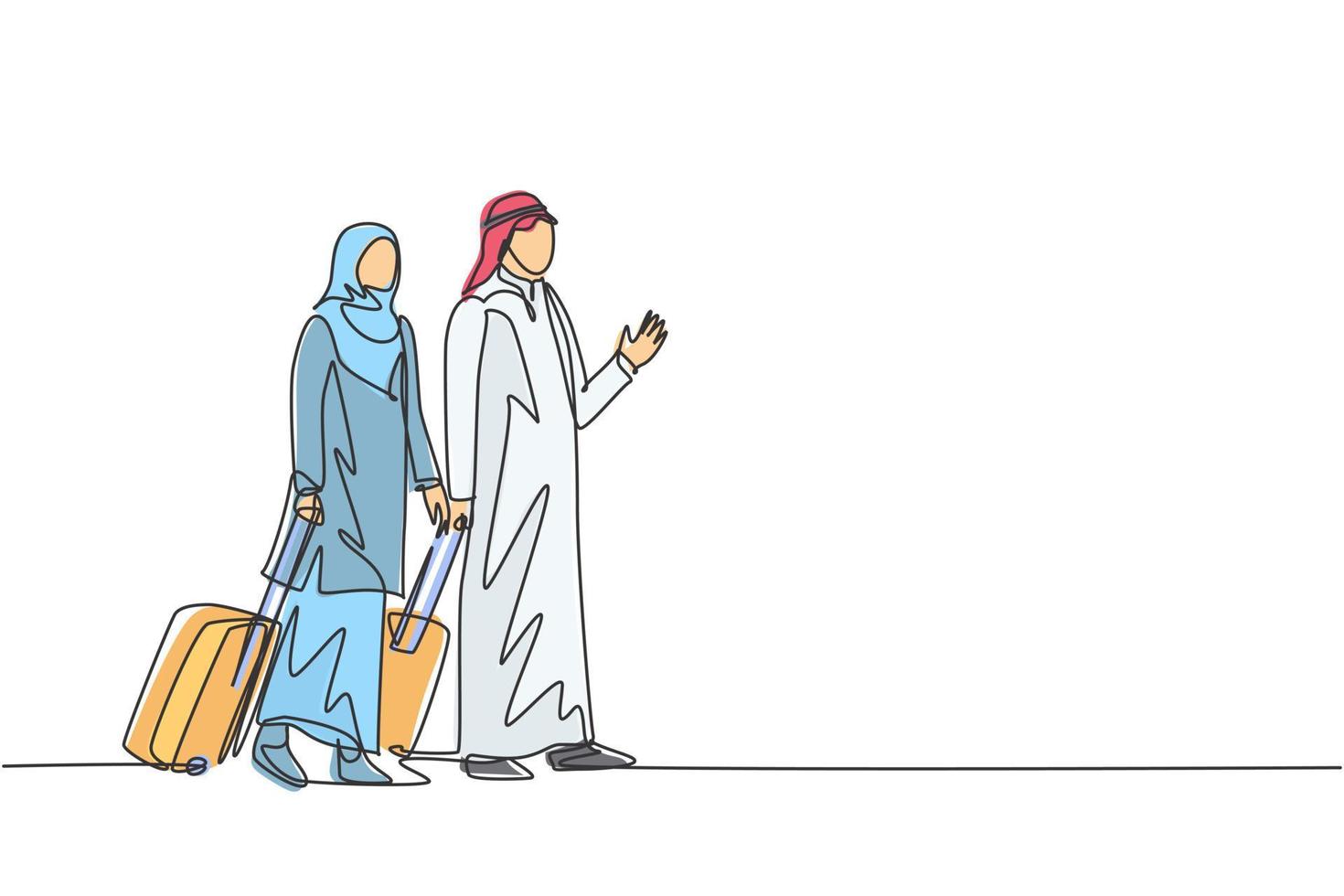één enkele lijntekening van jonge gelukkige mannelijke en vrouwelijke moslimmedewerkers na een zakenreis. saoedi-arabische doek shmag, kandora, thobe, ghutra, hijab. doorlopende lijn tekenen ontwerp vectorillustratie vector