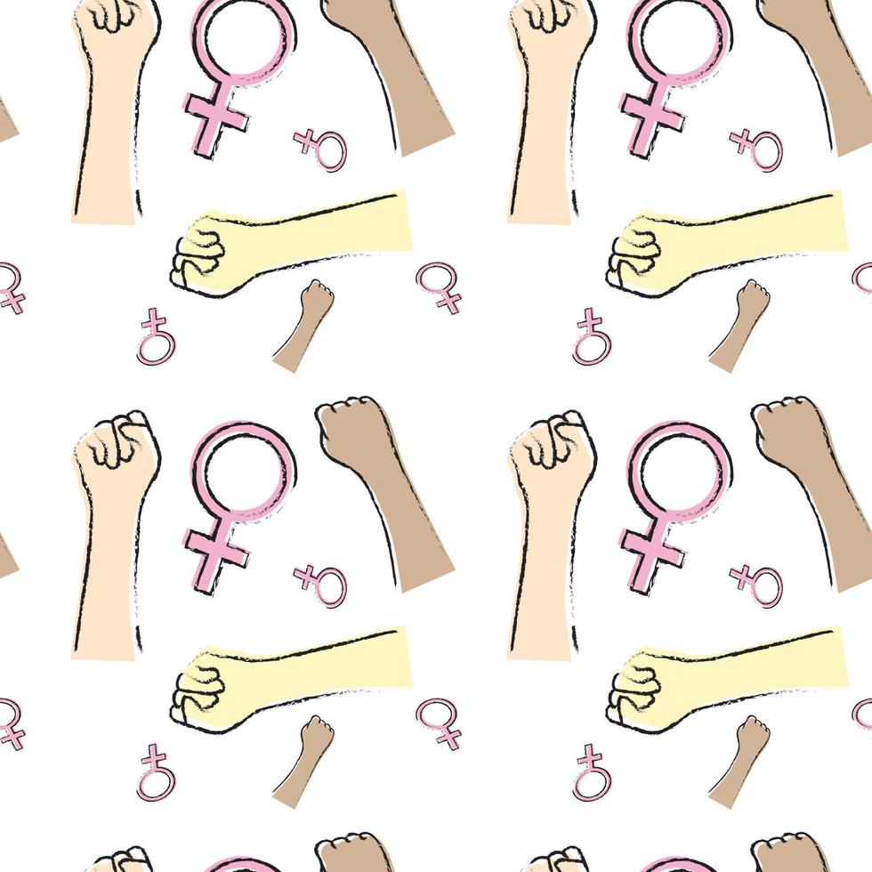 naadloos patroon met handen gebalde in een vuist, Dames van verschillend races en een vrouw symbool. de concept van Internationale vrouwen dag Aan maart 8. vector beeld