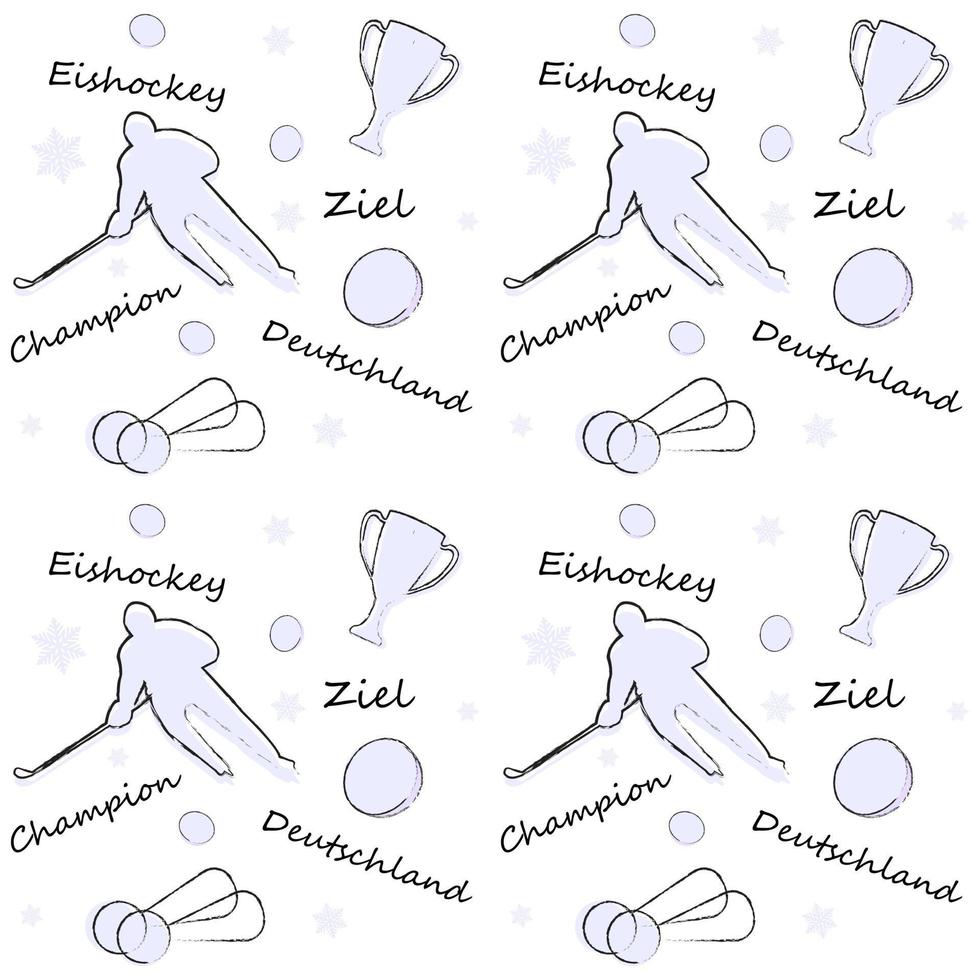 naadloos patroon met hockey speler silhouet, puck, beker, medailles en inscripties in Duitse. vertaling duitsland, kampioen, doel, ijs hockey. ijs hockey wereld kampioenschap 2023 concept. vector beeld