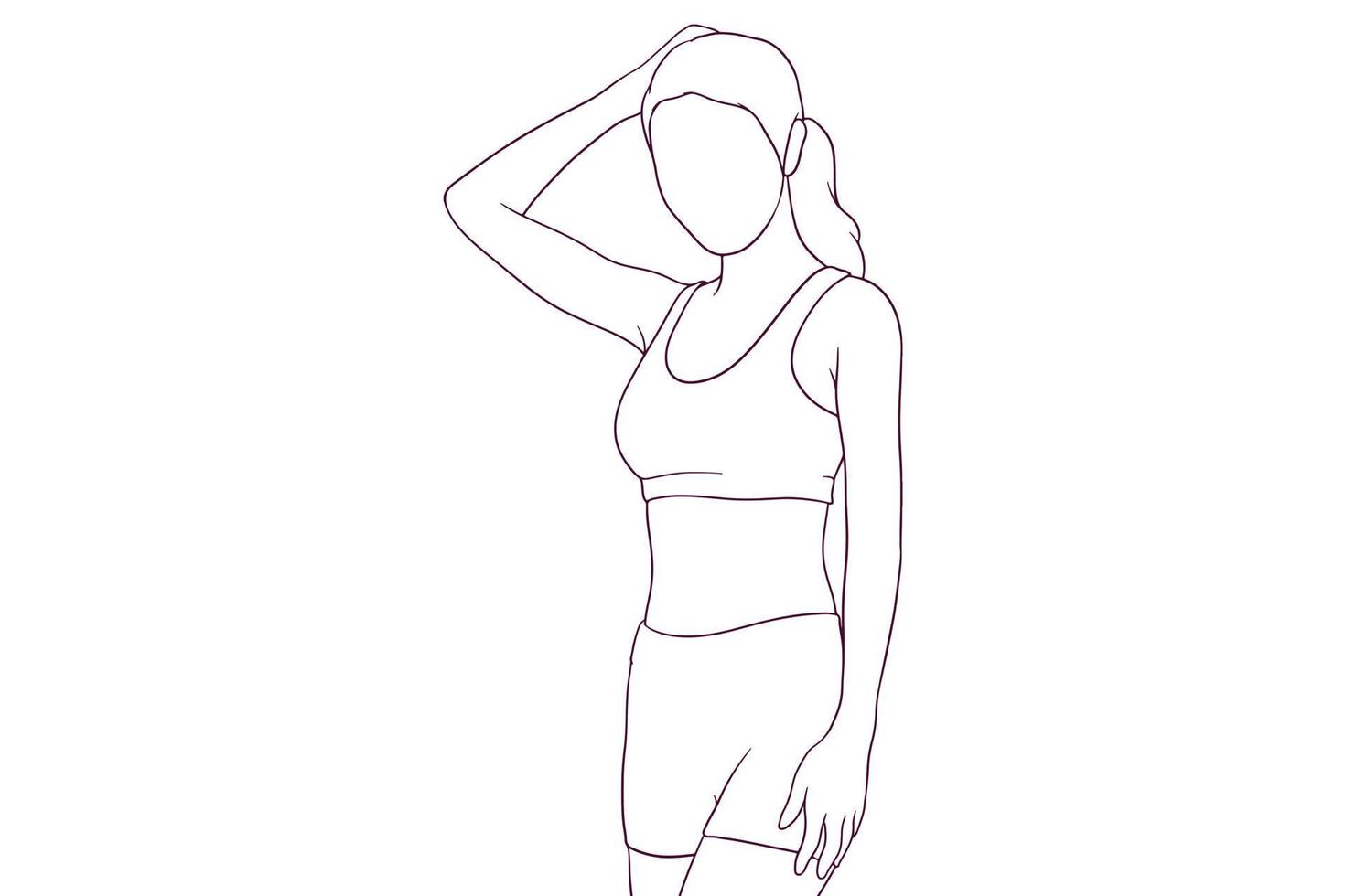 een fit vrouw stakingen een houding in haar training kleren in een hand- getrokken vector illustratie