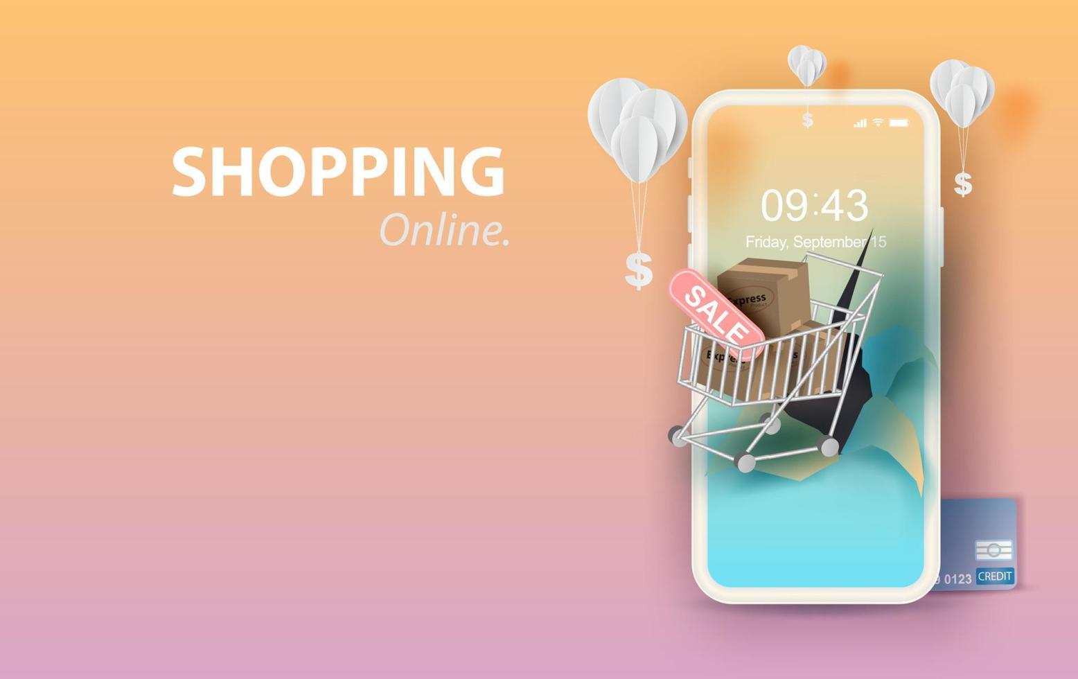 papier kunst van smartphone voor online boodschappen doen uw tekst ruimte achtergrond, boodschappen doen kar drijvend Aan mobiel telefoon begrip, ballon door dollar geld Aan pastel kleur, winkelen via de internet winkel.vector. vector