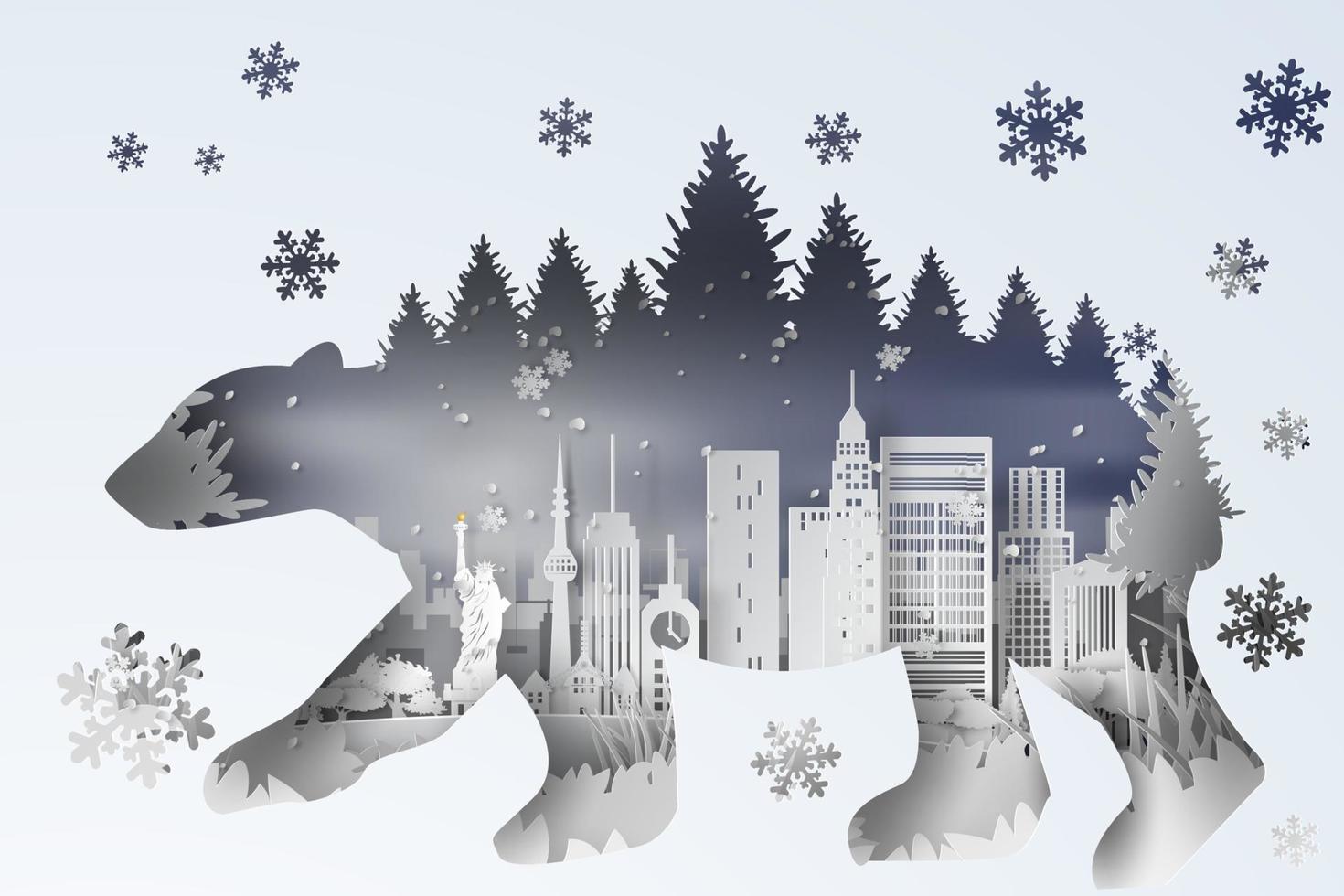 3d illustratie digitaal papier kunst van Woud in nieuw york stad Verenigde Staten van Amerika. landschap besneeuwd met polair beer kromme schaduw begrip, wit stadsgezichten en Woud sneeuw visie scène, papier besnoeiing creatief ontwerp idee, vector