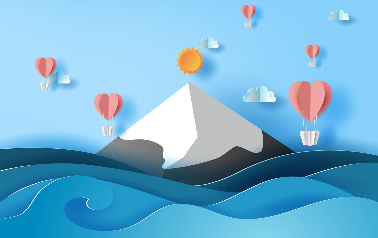 3d papier kunst van illustratie zomer seizoen ballonnen hart drijvend Aan lucht, landschap besneeuwd berg zee visie scène, creatief ontwerp papier besnoeiing idee zomer tijd begrip, pastelkleur kleur achtergrond vector
