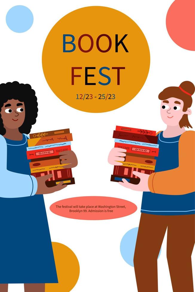 banier met multi-cultuur mensen Holding een stack van boeken. Afrikaanse Amerikaans vrouw en Kaukasisch Mens Aan boek festival poster. vector illustratie in tekenfilm stijl