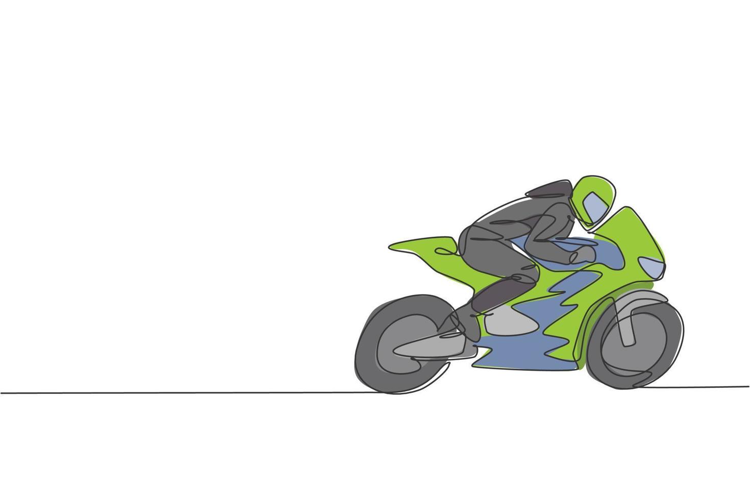 een enkele lijntekening van jonge moto racer praktijk om de snelheidsfiets te verbeteren op circuit vectorillustratie. superbike raceconcept. modern ononderbroken lijntekeningontwerp voor banner voor motorracer-evenementen vector