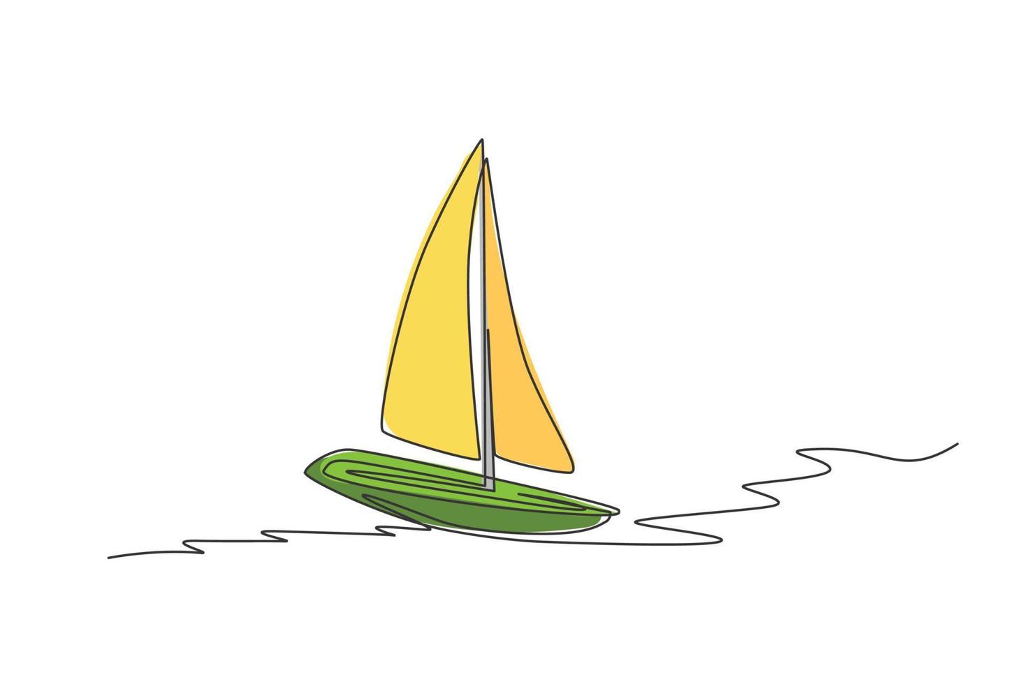 een doorlopende lijntekening van zeilboot die op zee vaart. water transport voertuig concept. dynamische enkele lijn tekenen ontwerp grafische vectorillustratie vector