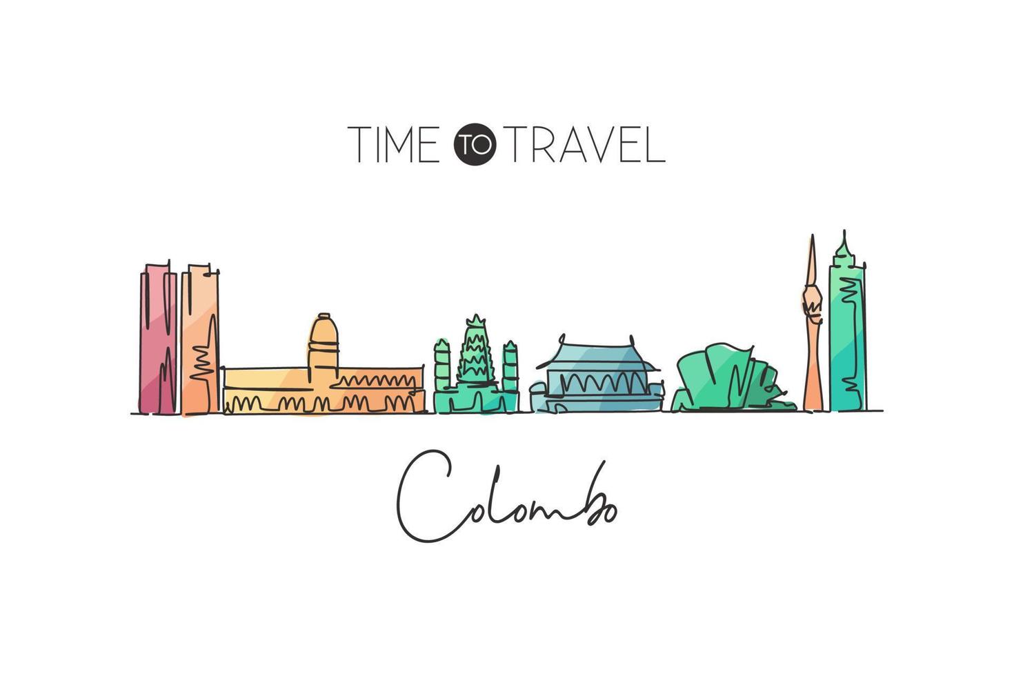 enkele doorlopende lijntekening colombo skyline, sri lanka. beroemde stad schraper landschap thuis muur decor poster print. wereld reisbestemming concept. moderne één lijn tekenen ontwerp vectorillustratie vector