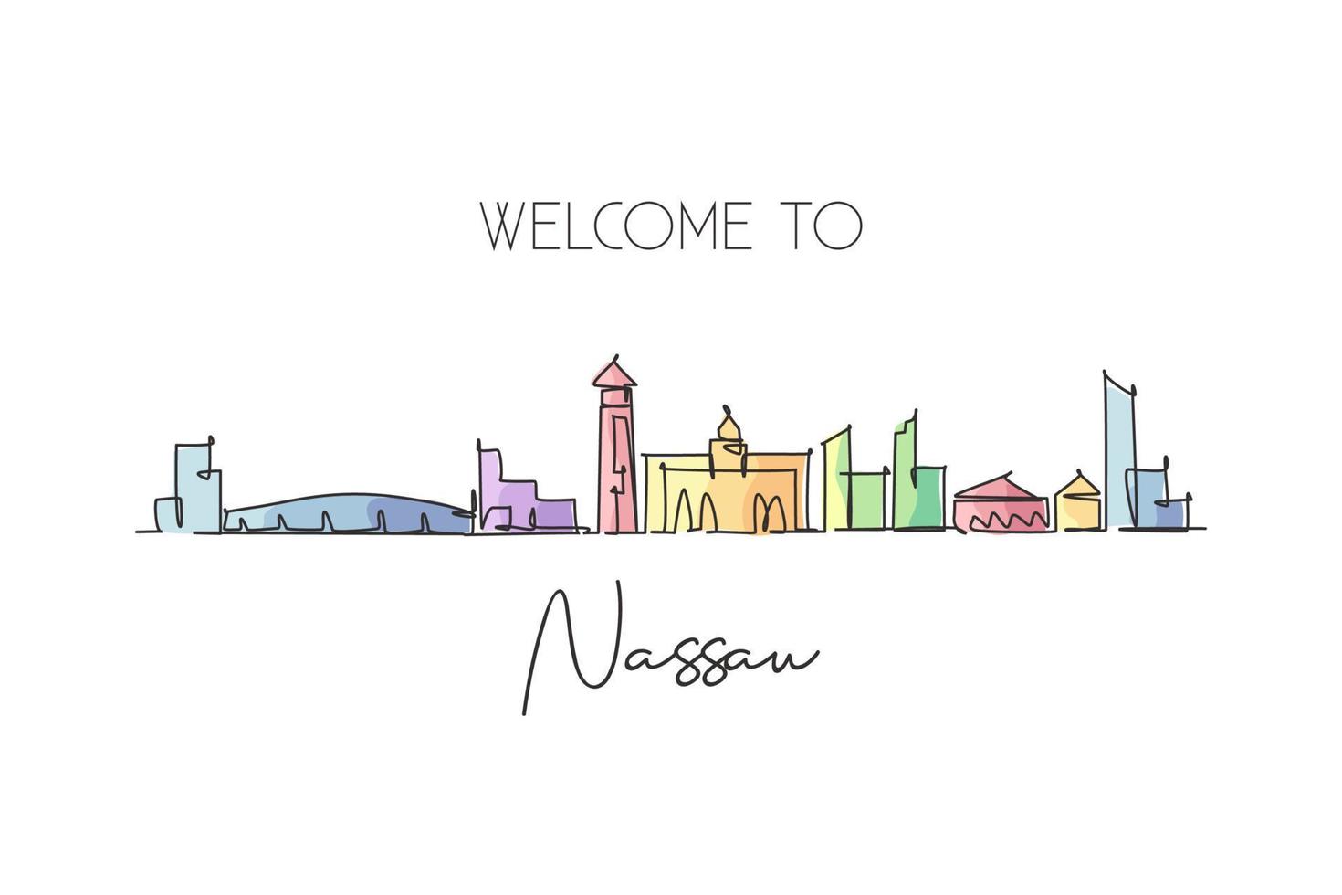 een doorlopende lijntekening nassau city skyline bahama's. prachtige historische ansichtkaartprint. wereld landschap toerisme reizen vakantie. bewerkbare stijlvolle lijn enkele lijn tekenen ontwerp vectorillustratie vector