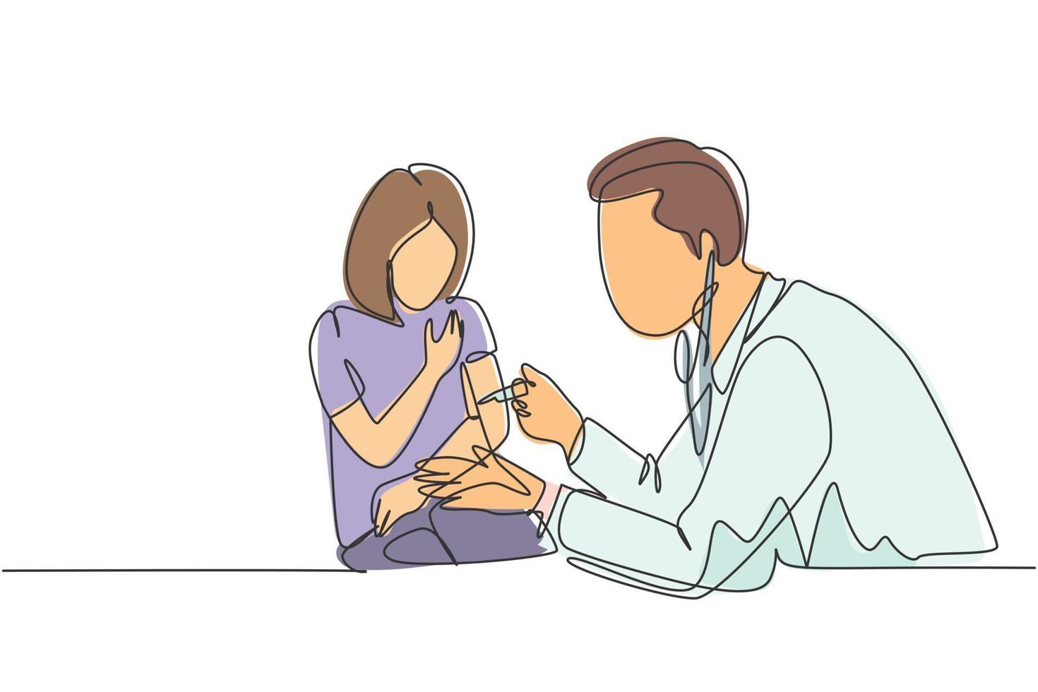 een enkele lijntekening van een mannelijke pediatrische arts die een vaccininjectie geeft aan een jonge schoonheidsmeisjespatiënt in het ziekenhuis. medische zorg behandeling concept continu lijn tekenen ontwerp vectorillustratie vector