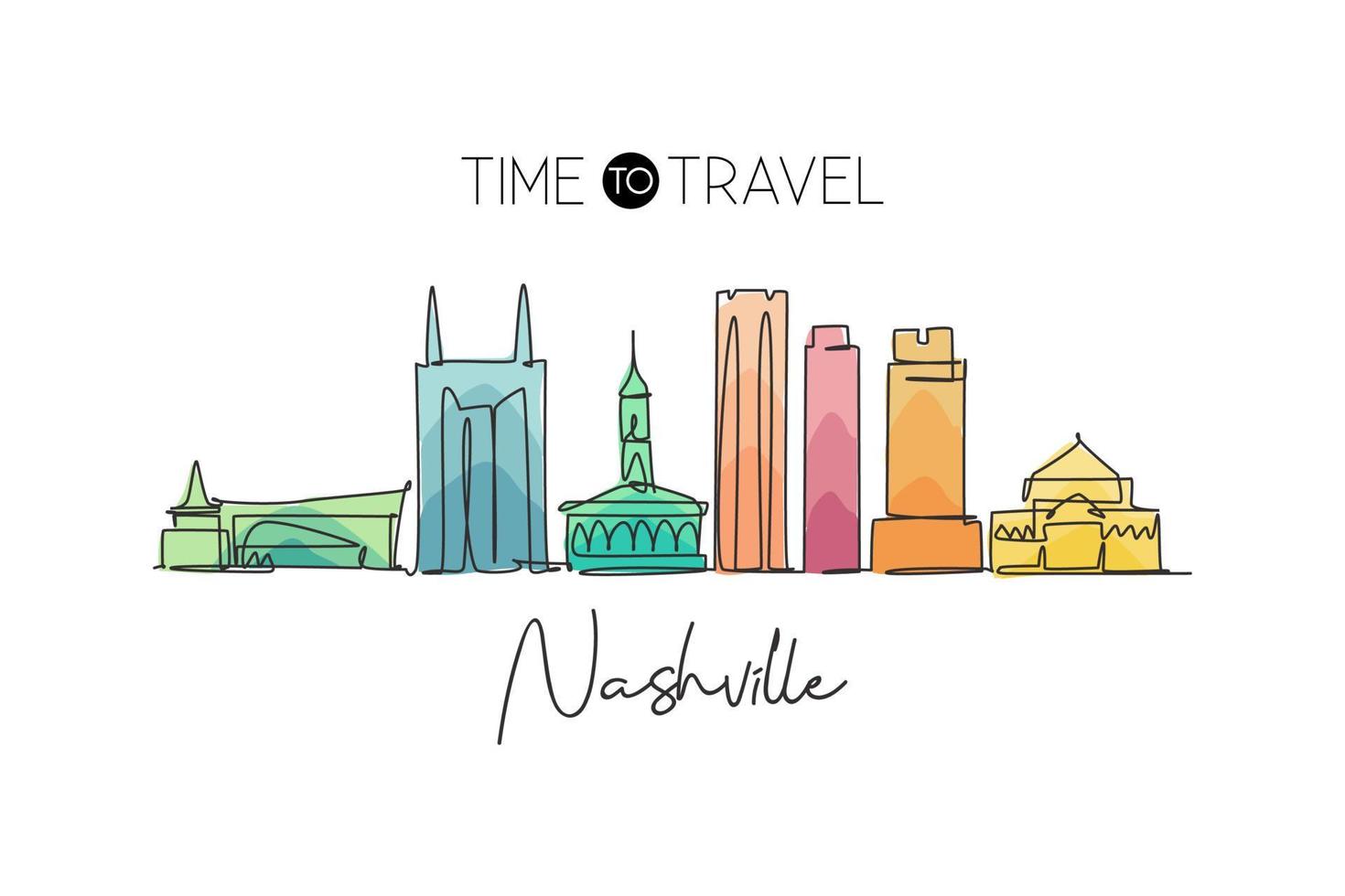 een doorlopende lijntekening de skyline van de stad van Nashville, Tennessee. mooi oriëntatiepunt. wereld landschap toerisme reizen vakantie poster. bewerkbare stijlvolle lijn enkele lijn tekenen ontwerp vectorillustratie vector