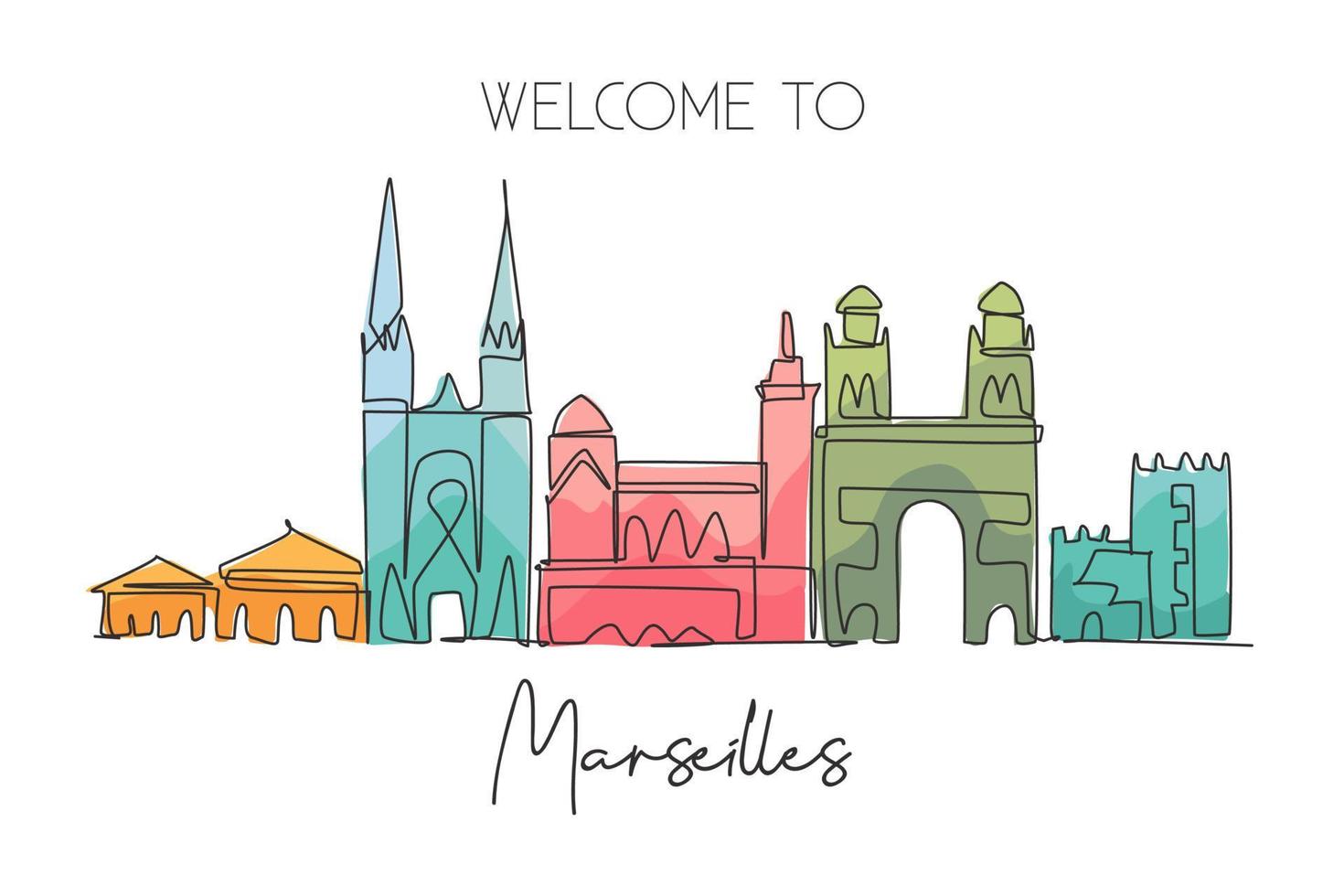 één enkele lijntekening de skyline van de stad van Marseille, Frankrijk. historisch wolkenkrabberlandschap in de wereld. beste vakantiebestemming muur decor poster. trendy doorlopende lijn tekenen ontwerp vectorillustratie vector