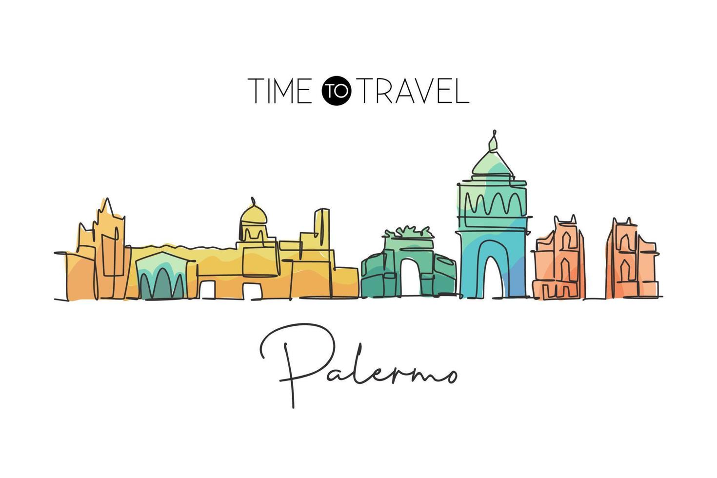 een enkele lijntekening skyline van de stad van palermo, italië. historisch wolkenkrabberlandschap in de wereld. beste vakantiebestemming thuis muur decor poster. trendy doorlopende lijn tekenen ontwerp vectorillustratie vector