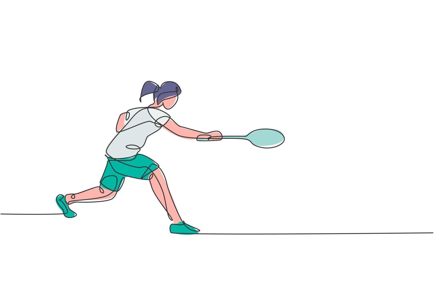 één enkele lijntekening van jonge energieke badmintonspeler neemt de grafische vectorillustratie van de tegenstander. gezond sportconcept. modern ononderbroken lijntekeningontwerp voor poster voor badmintontoernooien vector