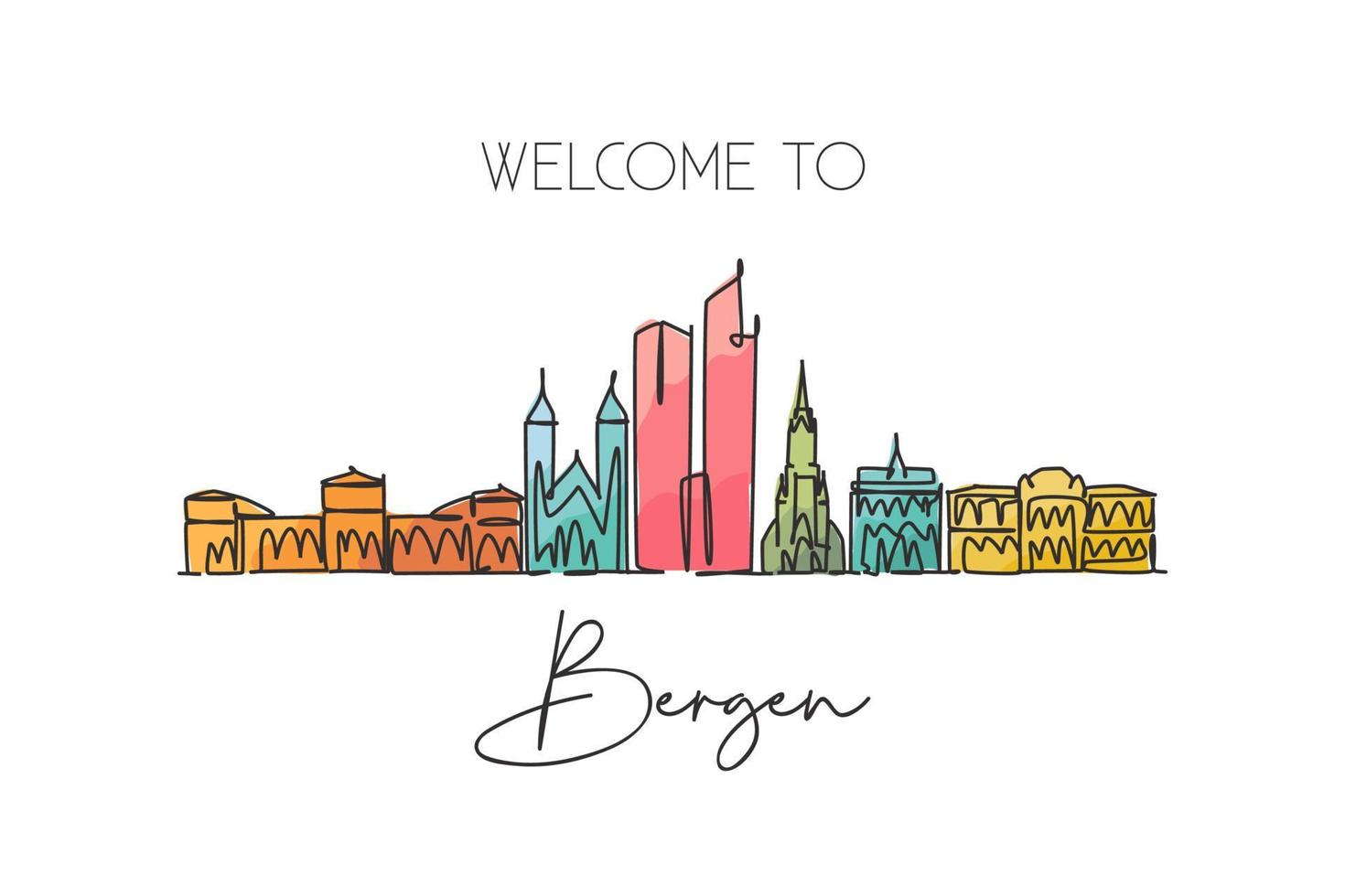 enkele doorlopende lijntekening van de skyline van de stad Bergen, Noorwegen. beroemde ansichtkaart van het stadsschraperlandschap. wereld reisbestemming concept. bewerkbare lijn moderne één lijn tekenen ontwerp vectorillustratie vector