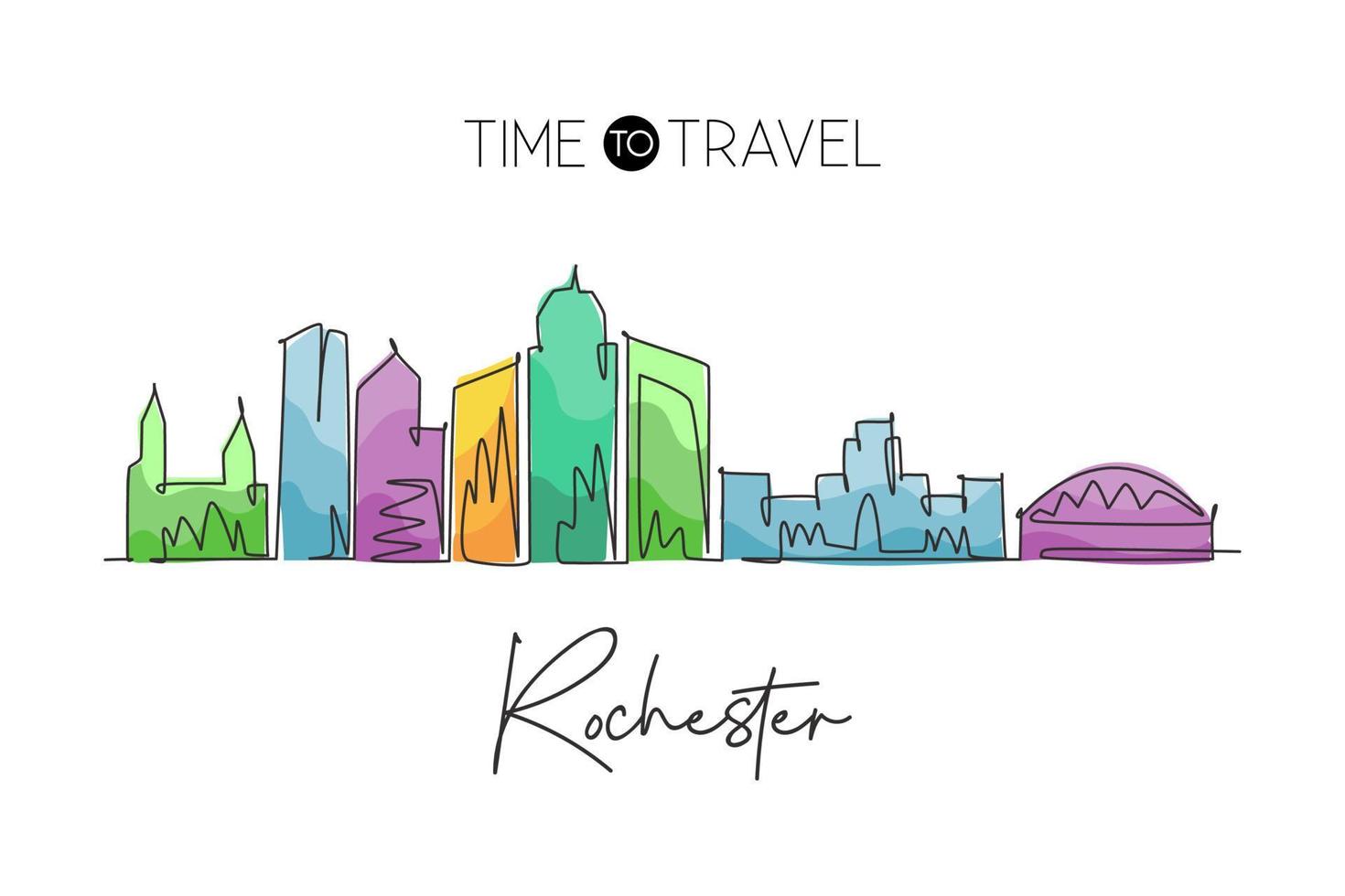 een doorlopende lijntekening rochester city skyline, new york staat. mooi oriëntatiepunt. wereld landschap toerisme reizen muur decor poster, briefkaart. stijlvolle enkele lijn tekenen ontwerp vectorillustratie vector