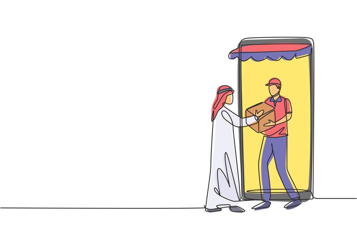 doorlopende koerier met één lijntekening komt uit een gigantisch smartphonescherm met luifel en geeft een pakketdoos aan een Arabische mannelijke klant. online levering. enkele lijn tekenen ontwerp vector grafische afbeelding