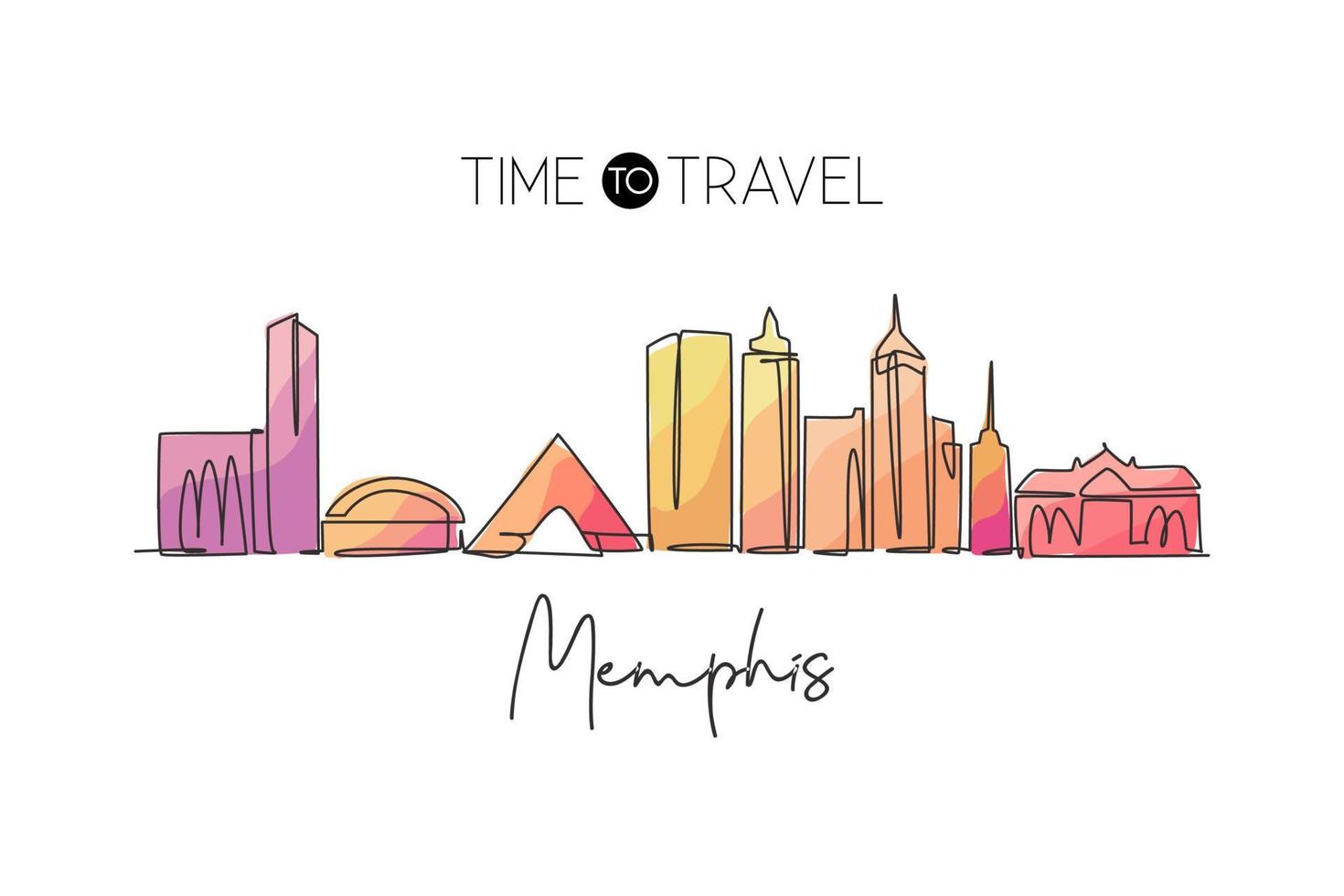 een enkele lijntekening van de skyline van de stad van memphis, tennessee. historisch stadslandschap. beste vakantiebestemming thuis muur decor art poster print. trendy doorlopende lijn tekenen ontwerp vectorillustratie vector