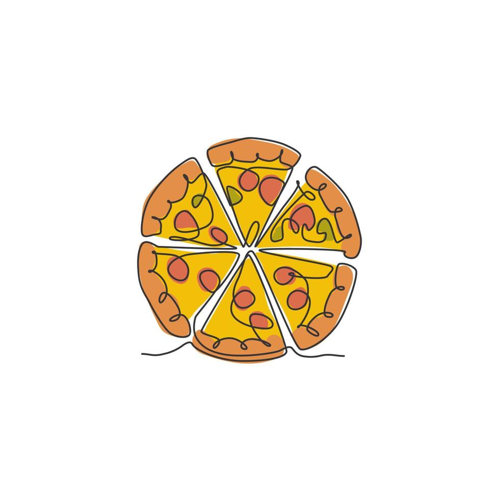 een doorlopende lijntekening van vers, heerlijk italië pizza restaurant logo badge. fast food italiaanse pizzeria café winkel logo sjabloon concept. moderne enkele lijn tekenen ontwerp vectorillustratie vector