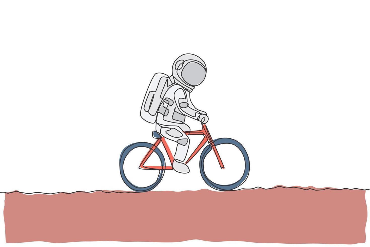 een enkele lijntekening van ruimtevaarder-astronaut die fietst op het maanoppervlak, kosmische melkweg vectorillustratie. gezonde ruimte kosmonaut levensstijl sport concept. modern ononderbroken lijntekeningontwerp vector