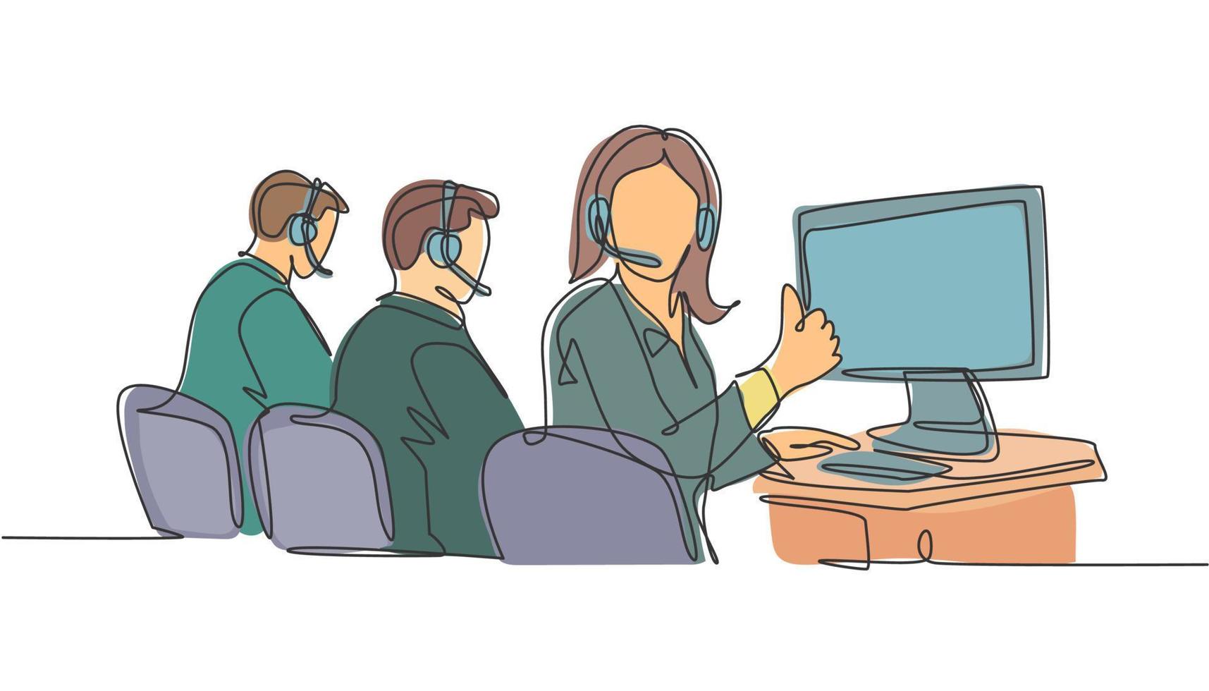 enkele lijntekening groep jonge mannelijke en vrouwelijke callcentermedewerkers die achter de computer zitten en duimen omhoog gebaar geven. klantenservice bedrijfsconcept. ononderbroken lijntekening ontwerp vector