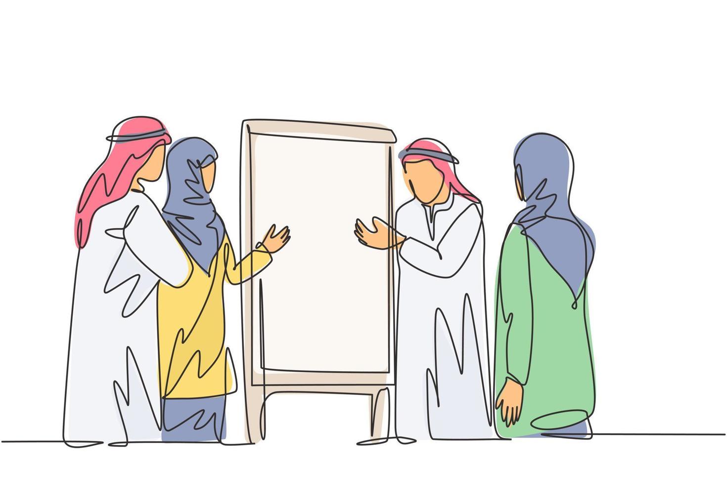 een doorlopende lijntekening van een jonge moslimmanager geeft een korte toelichting op de bedrijfsvergadering over de strategie. islamitische kleding shemag, kandura, sjaal, keffiyeh. enkele lijn tekenen ontwerp vectorillustratie vector