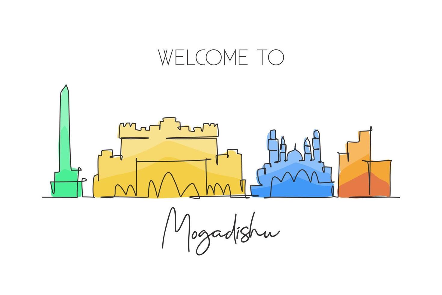 een enkele lijntekening stad Mogadishu skyline, Somalië. historische plaats landschap in de wereld. beste vakantiebestemming briefkaart. bewerkbare lijn trendy doorlopende lijn tekenen ontwerp vectorillustratie vector