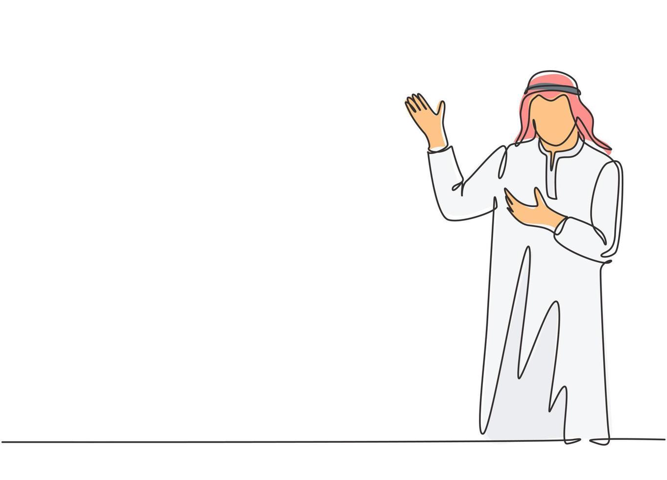 enkele doorlopende lijntekening van jonge moslimzakenman die presentatie geeft van de handen van het uitleggebaar. Arabische Midden-Oosten doek kandura, thawb, gewaad. één lijn tekenen ontwerp vectorillustratie vector