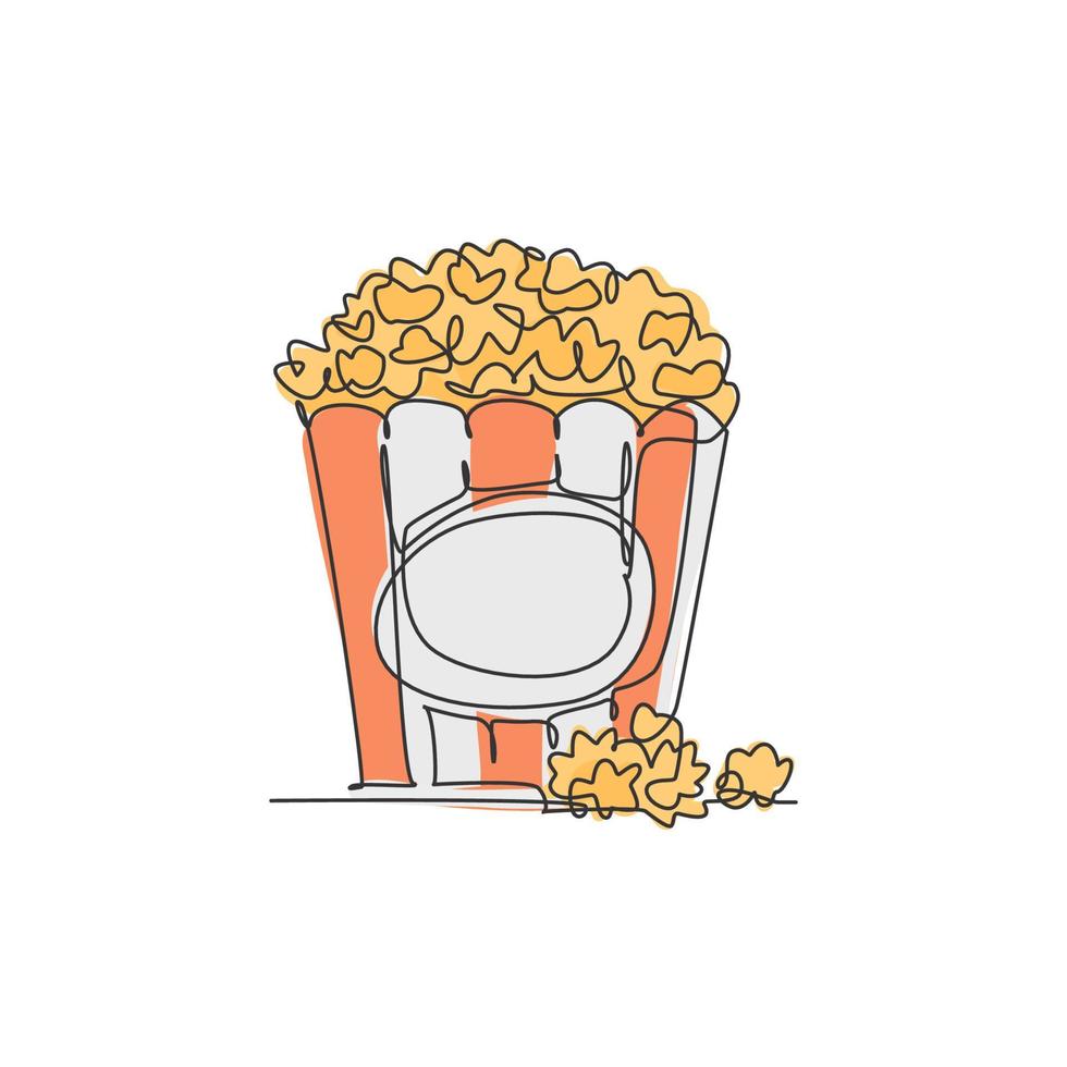 een ononderbroken lijntekening verse heerlijke zoete popcorn op gestripte papieren doos en verspreid op tafel. snack voor het bekijken van films concept. moderne enkele lijn tekenen ontwerp vector grafische afbeelding