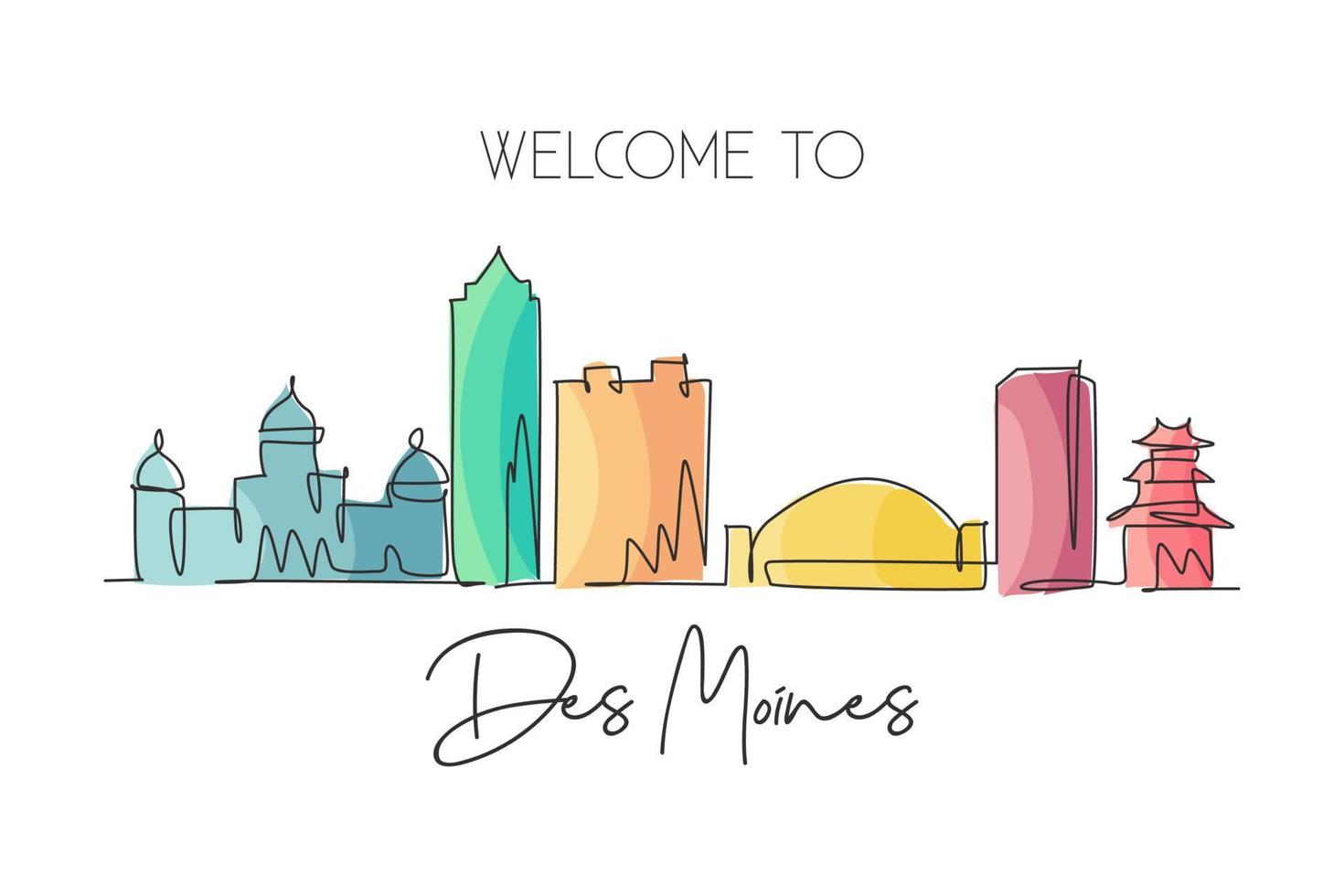 een doorlopende lijntekening van de skyline van de stad des moines, iowa. mooi oriëntatiepunt. wereld landschap toerisme reizen muur decor poster kunst, briefkaart. stijlvolle enkele lijn tekenen ontwerp vectorillustratie vector