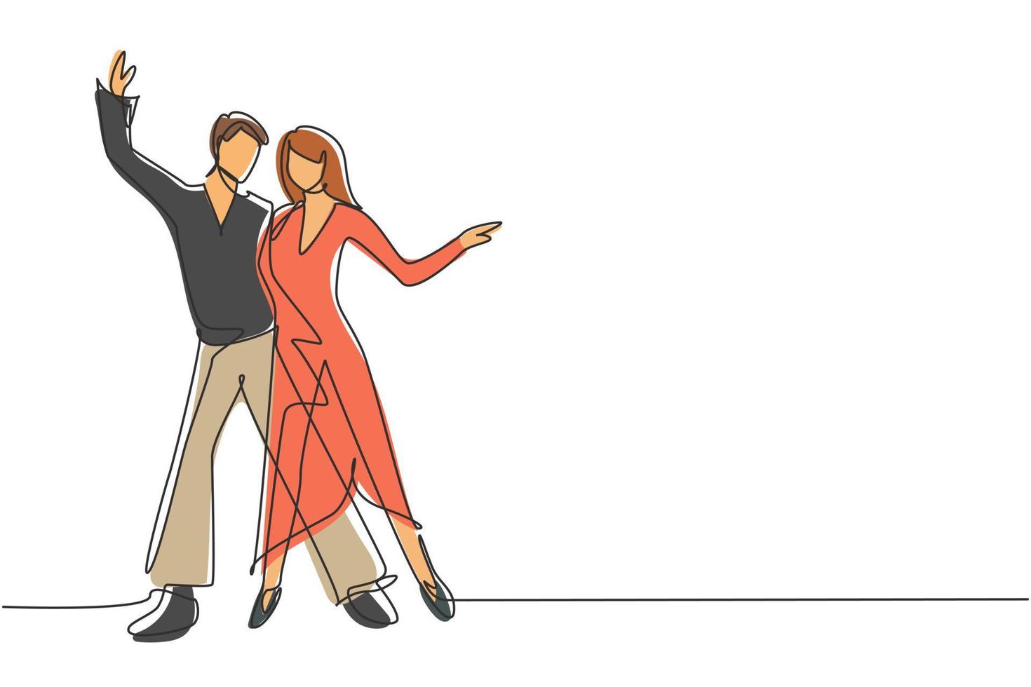 enkele een lijntekening man en vrouw professionele danser paar tango dansen, wals dansen op danswedstrijd dansvloer. nacht feestje. moderne doorlopende lijn tekenen ontwerp grafische vectorillustratie vector