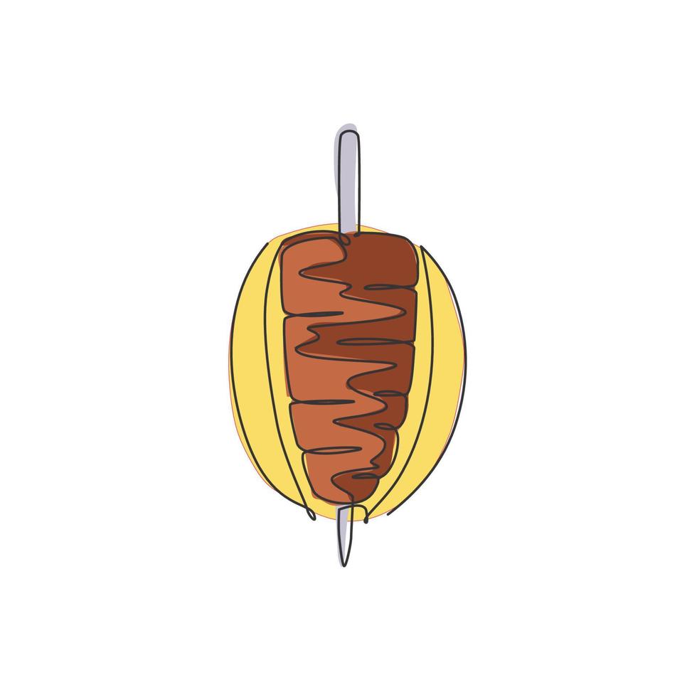 een enkele lijntekening van verse pittige Turkse kebab winkel logo vectorillustratie. traditionele warme kalkoen eten café en restaurant badge concept. modern doorlopende lijntekening menu voedselontwerp logotype vector