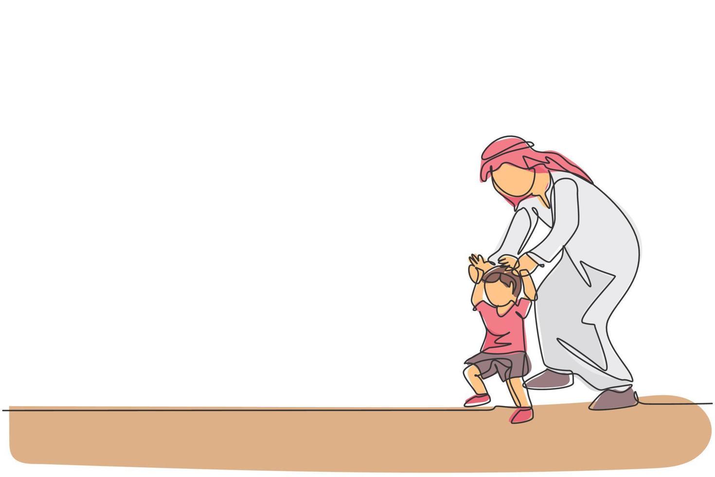 enkele doorlopende lijntekening van een jonge arabische vader die de hand van zijn zoon vasthoudt en leert lopen. islamitische moslim gelukkige familie vaderschap concept. trendy één lijn tekenen ontwerp vectorillustratie vector