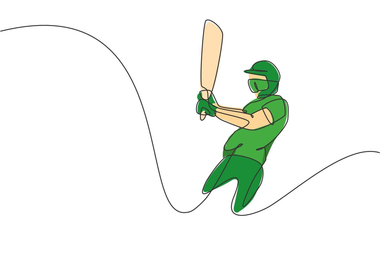 enkele doorlopende lijntekening van behendige jongeman cricketspeler swing cricket bat op oefenterrein vectorillustratie. sport oefening concept. trendy ontwerp met één regel voor media voor sportpromotie vector