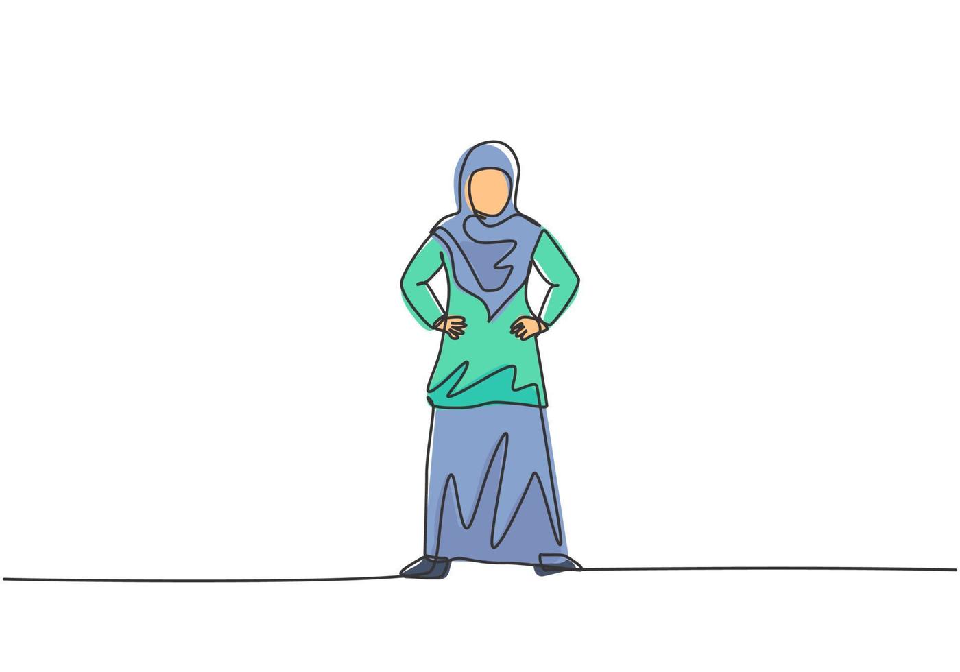 continu één lijntekening jonge Arabische vrouwelijke werknemer die op straat staat en aan haar bedrijf denkt. minimalisme metafoor visie bedrijfsconcept. enkele lijn tekenen ontwerp vector grafische afbeelding.